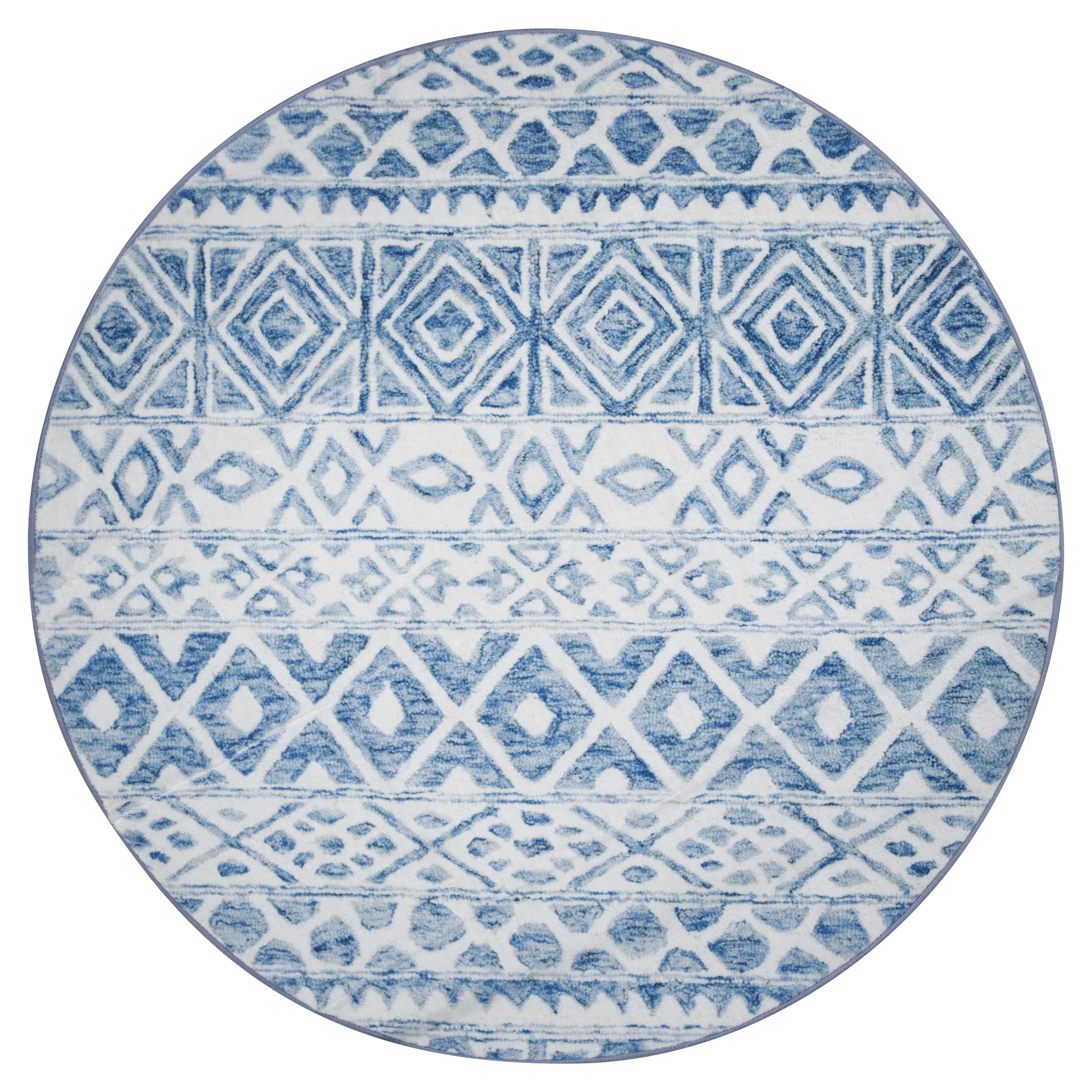 Alfombra Redonda Tribal Azul y Crema - 120 cm