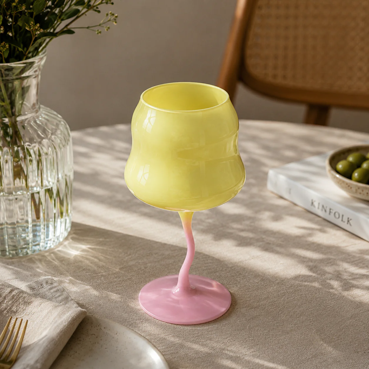 Copa de Vino Ondulada Amarilla con base Rosa - Image 4