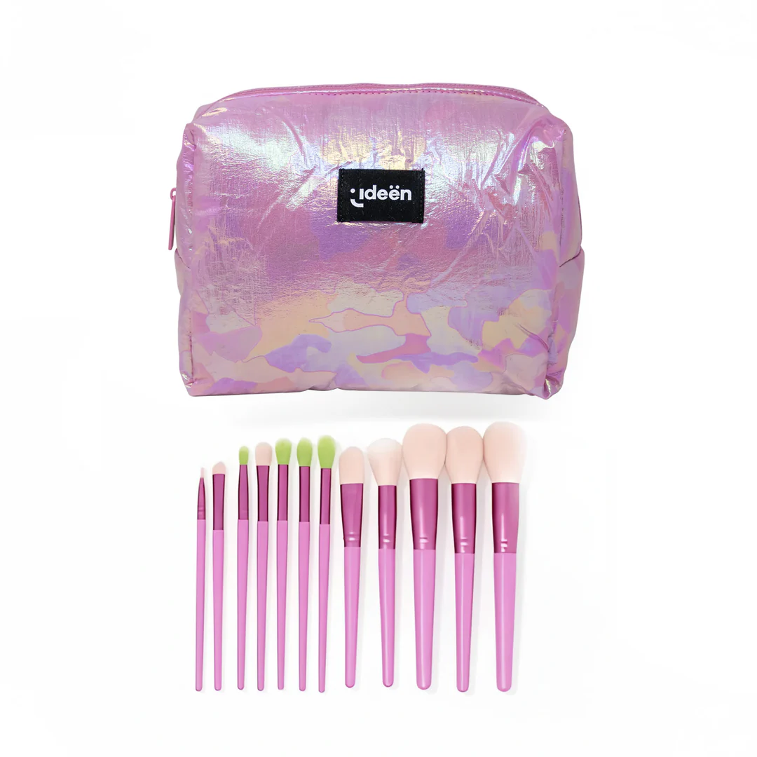Cosmetiquera Fucsia con 12 Brochas de Maquillaje