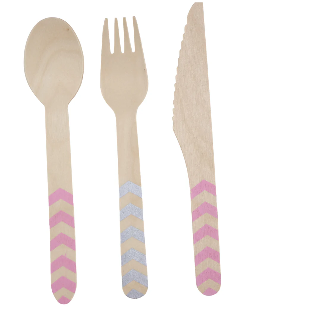 Set de Cubiertos de Madera para Fiesta Rosa Gris - 24 Piezas - Image 3