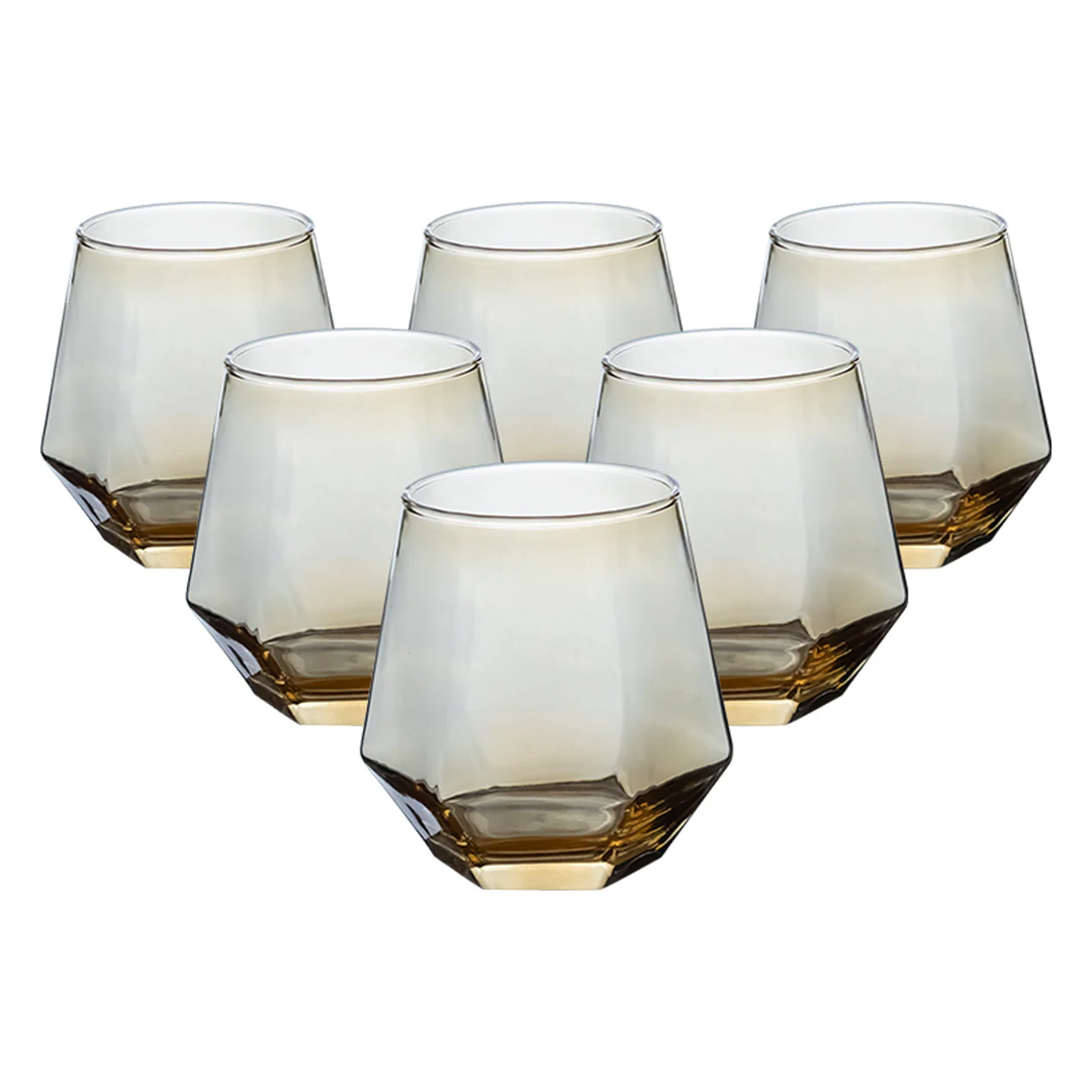 Set de 6 Vasos Hexagonales de Cristal Ámbar - 310 ml