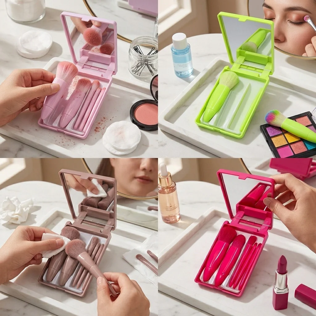 Set de Brochas de Maquillaje Portátil de 5 Piezas con Estuche y Espejo Variocolor - Image 2