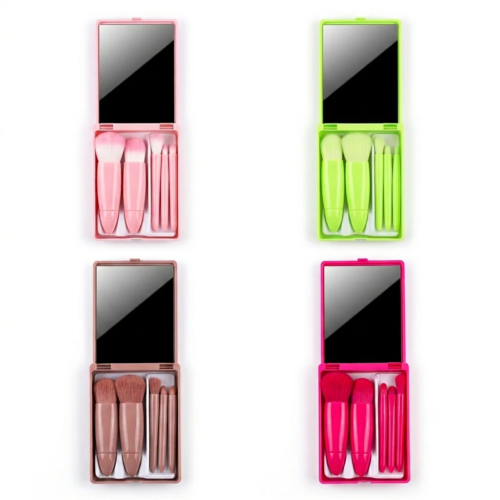 Set de Brochas de Maquillaje Portátil de 5 Piezas con Estuche y Espejo Variocolor - Image 3