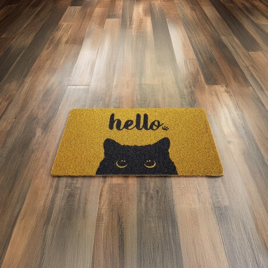 Tapete Café Claro Diseño de Gato Negro "HELLO" - Image 4