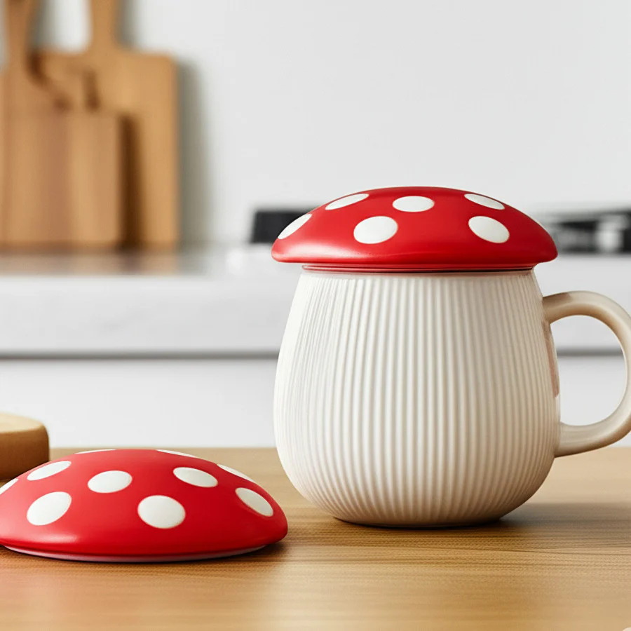 Taza de Cerámica con Tapa en Forma de Hongo Rojo - Image 3