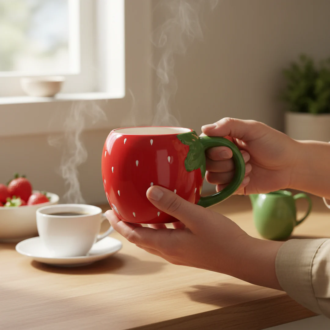 Taza de Cerámica 3D - 300 ml Fresa con Asa Verde - Image 2